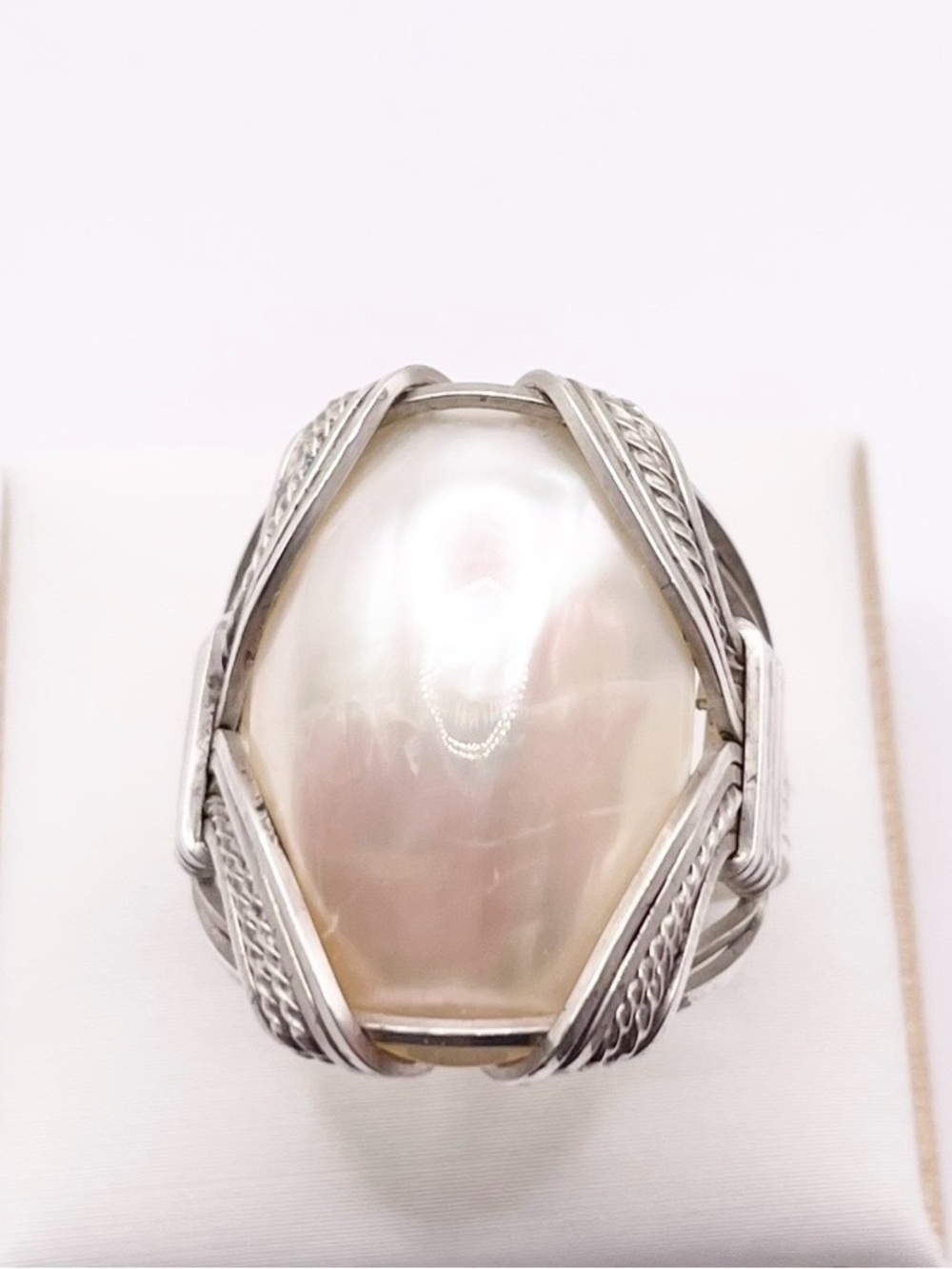 Size 9.5 Sterling Silver Pearl Statement Ring - White Pearl